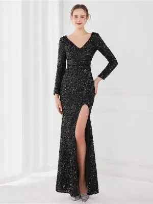 Long Sleeve Solid V-neck Sequin Prom Dress MCW1133