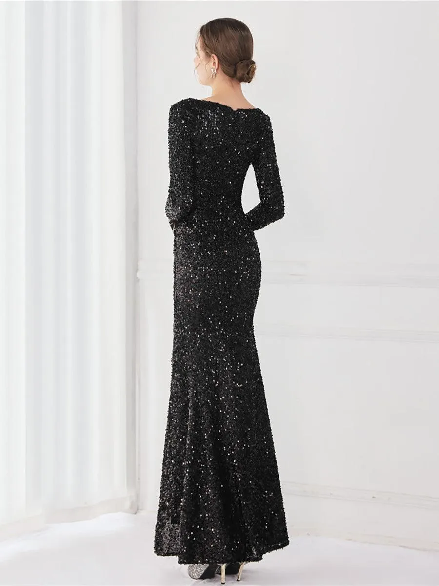 Long Sleeve Solid V-neck Sequin Prom Dress MCW1133