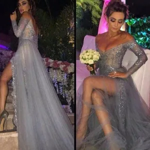 Long Sleeve V-neck Tulle Pleats Dress with Split-331611