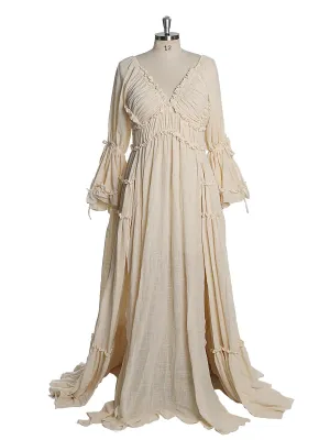 Long Sleeves Cotton Woman Dresses Two Side Slit Photo Shoot Dresses Fancy Photography Props YEWEN YW231020