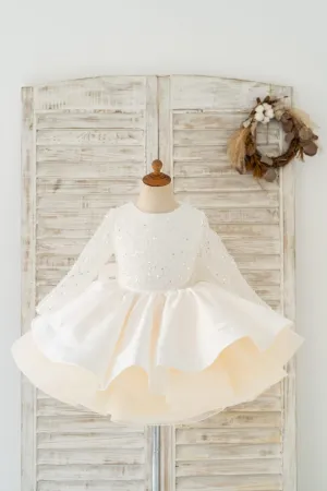 Long Sleeves V Back Crystal Beaded Champagne Tulle TUTU Wedding Flower Girl Dress
