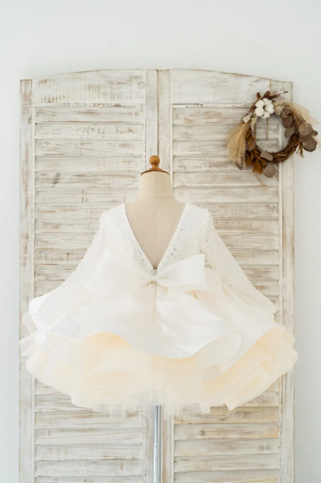 Long Sleeves V Back Crystal Beaded Champagne Tulle TUTU Wedding Flower Girl Dress