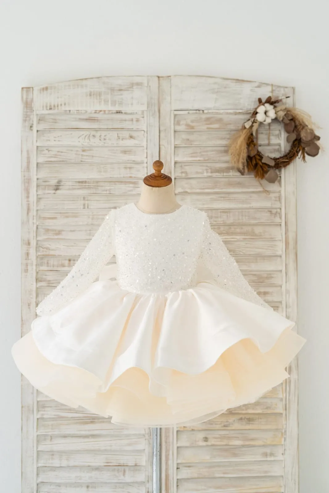 Long Sleeves V Back Crystal Beaded Champagne Tulle TUTU Wedding Flower Girl Dress