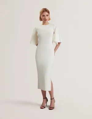 Lounia Fluted Sleeve Knitted Bodycon Midi Dres Ivory