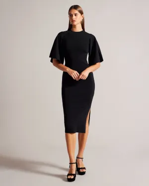 Lounia Fluted Sleeve Knitted Bodycon Midi Dress Black
