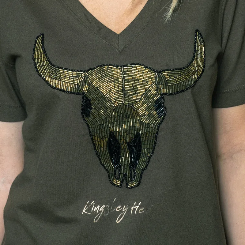 Luxe Bead Skull V-Neck Shabby Tee - Fatigue