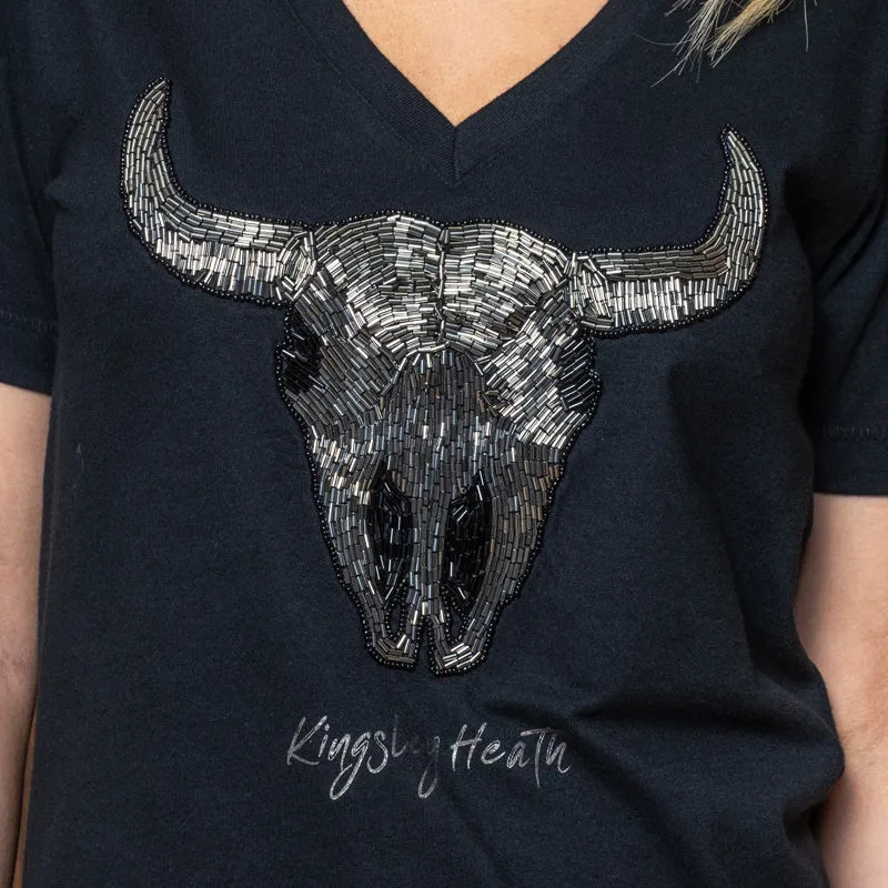 Luxe Bead Skull V-Neck Shabby Tee - Mamba