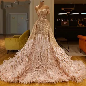 luxury feather prom dresses with detachable skirt champagne sparkly one shoulder elegant prom gown casamento