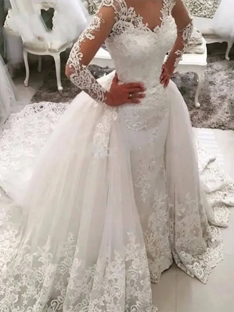 Luxury V-neck Mermaid Wedding Dresses 2 in 1 Detachable Train Appliques Saudi Arabia Long Sleeves Bridal Gown Vestido De Noiva