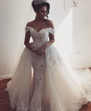 luxury wedding dresses with detachable train lace appliqué beaded elegant off white wedding gown