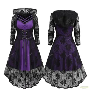 Maramalive™ Plus Size Vintage Womens Dresses Crisscross Ruched Cami Dress And Lace-up Floral Lace Hooded Cover Two Piece Vestido Set