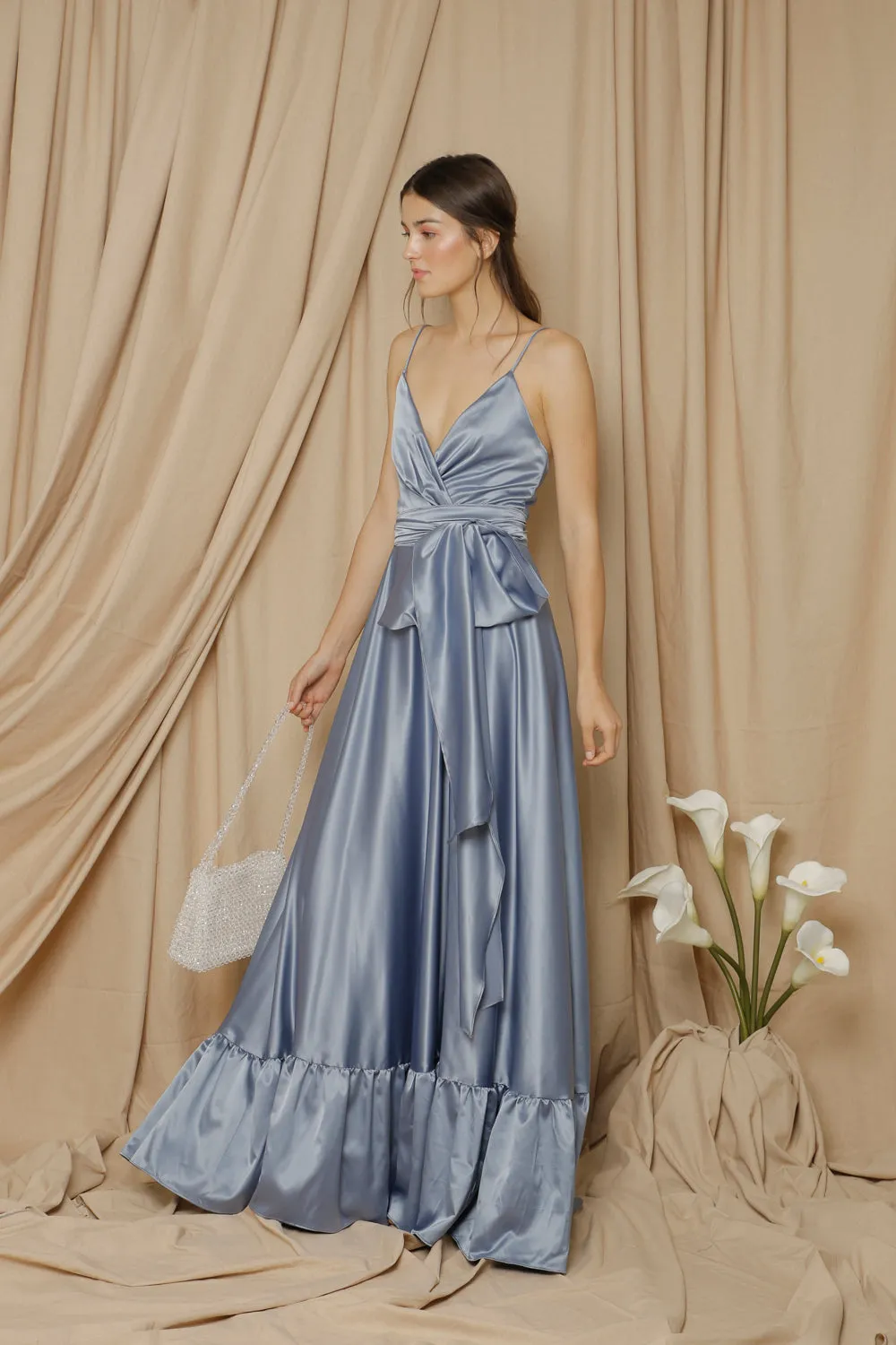 MARGARITA Deep V Maxi with High Slit Skirt and Ruffled Hem with Detachable Waist Tie (Serenity Blue Silk)
