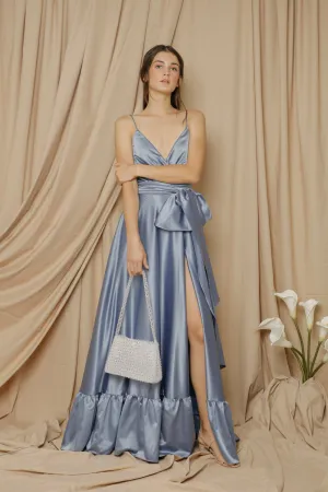 MARGARITA Deep V Maxi with High Slit Skirt and Ruffled Hem with Detachable Waist Tie (Serenity Blue Silk)
