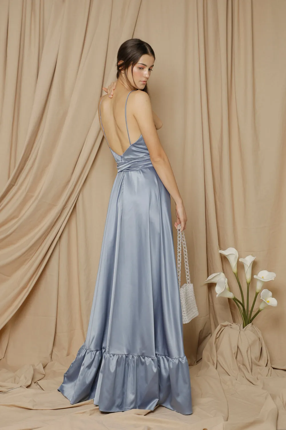 MARGARITA Deep V Maxi with High Slit Skirt and Ruffled Hem with Detachable Waist Tie (Serenity Blue Silk)