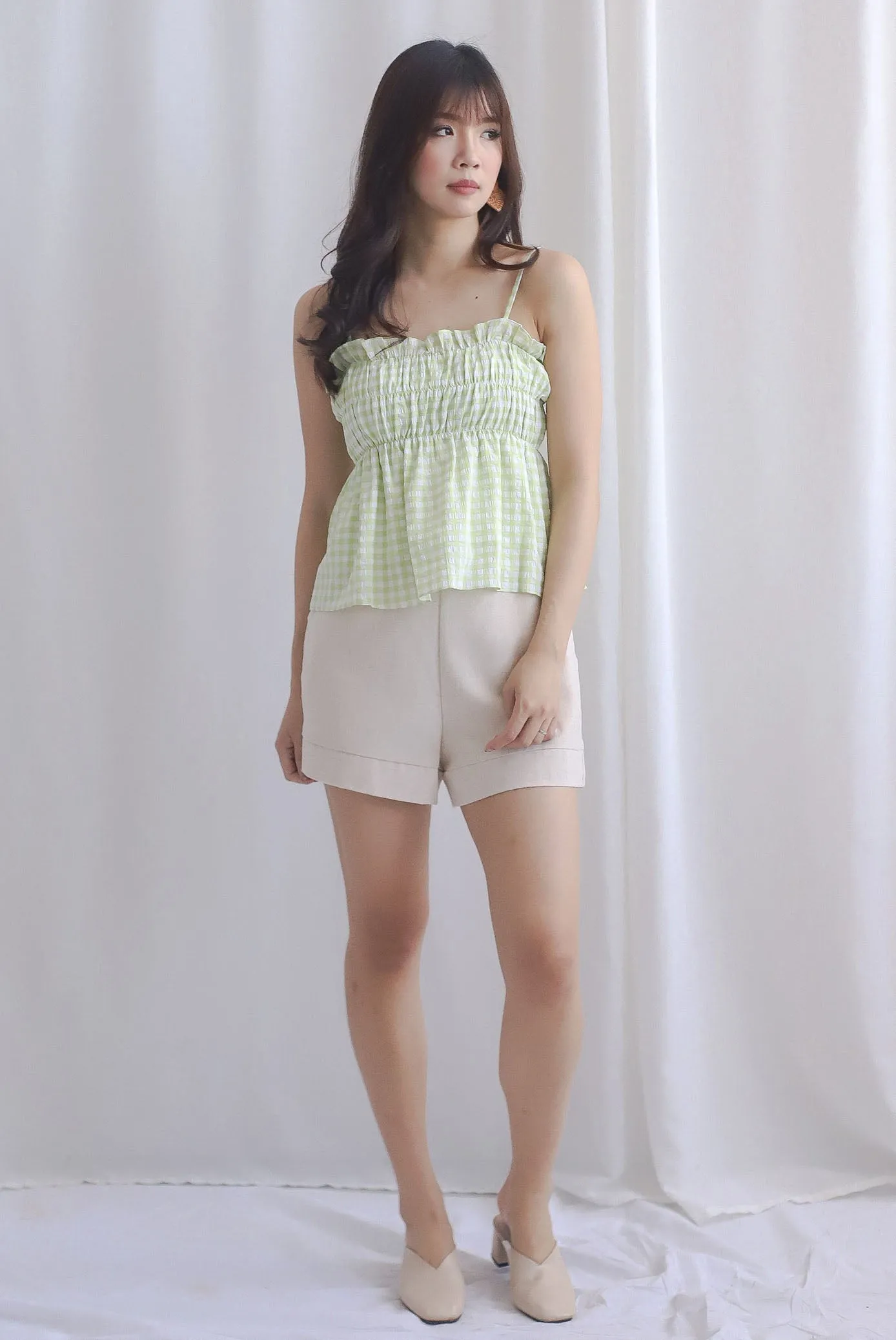 Margot Gingham Spag Babydoll Top In Green