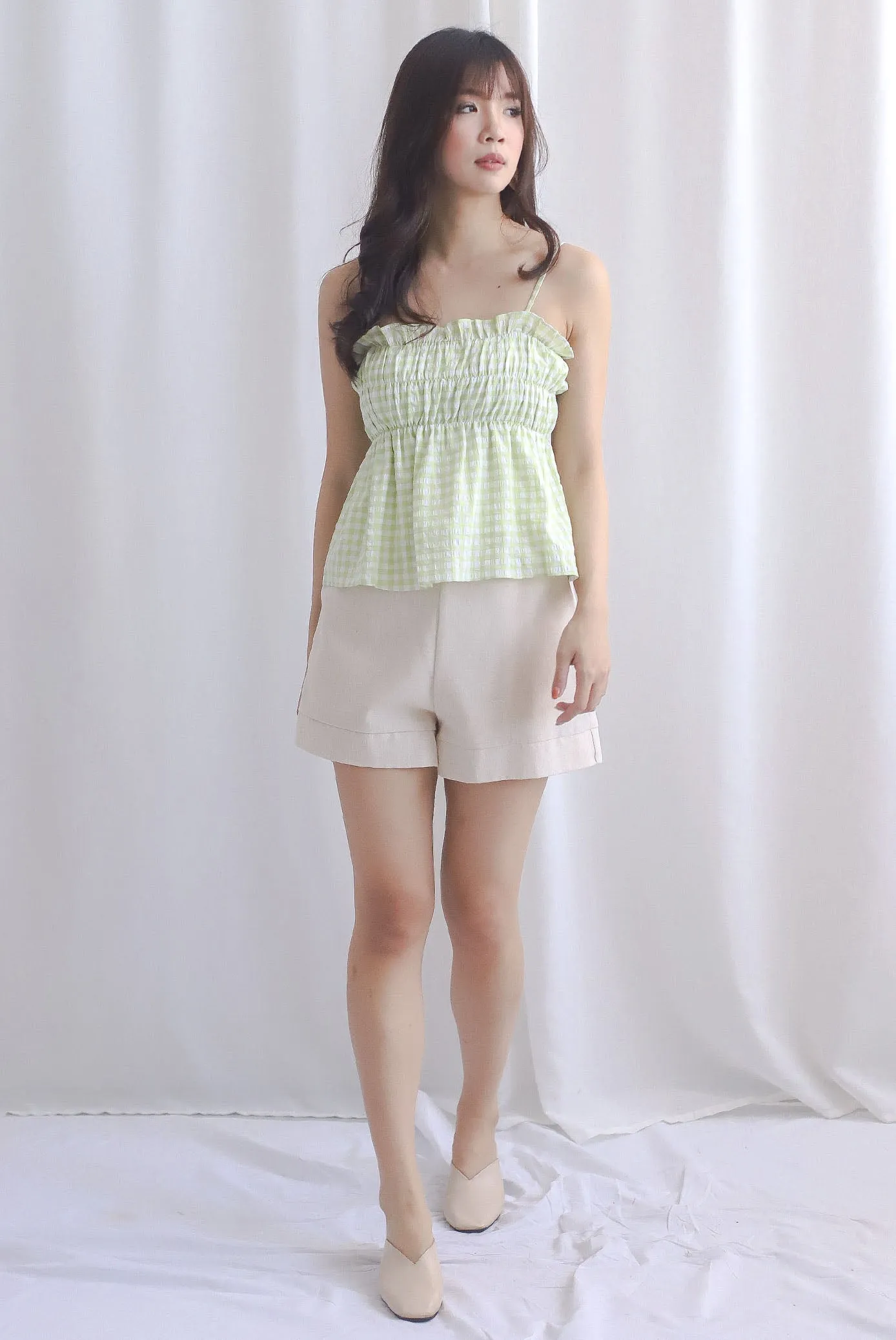 Margot Gingham Spag Babydoll Top In Green