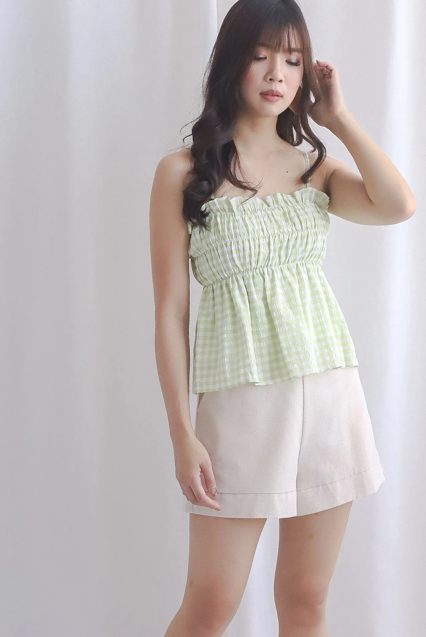 Margot Gingham Spag Babydoll Top In Green