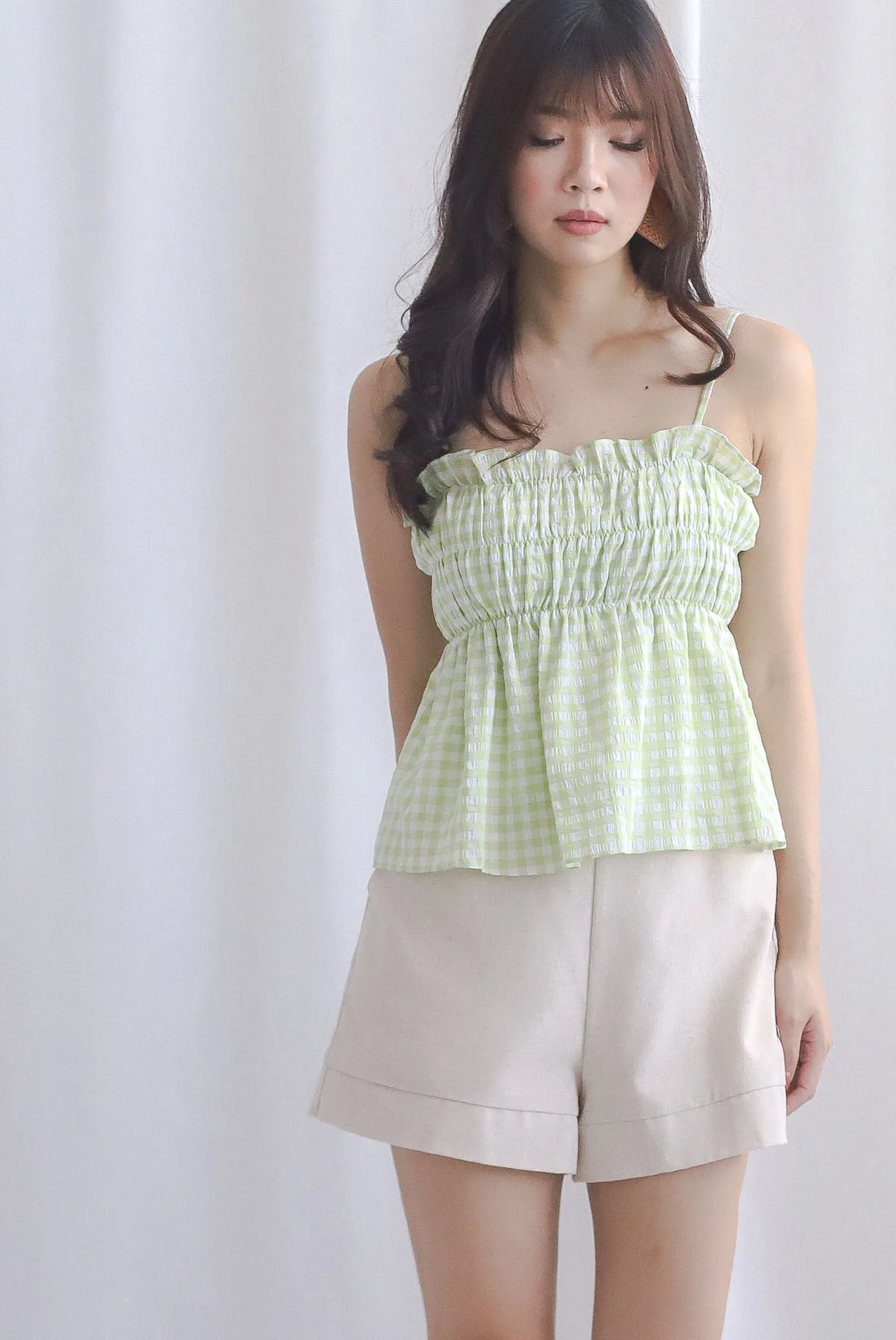 Margot Gingham Spag Babydoll Top In Green