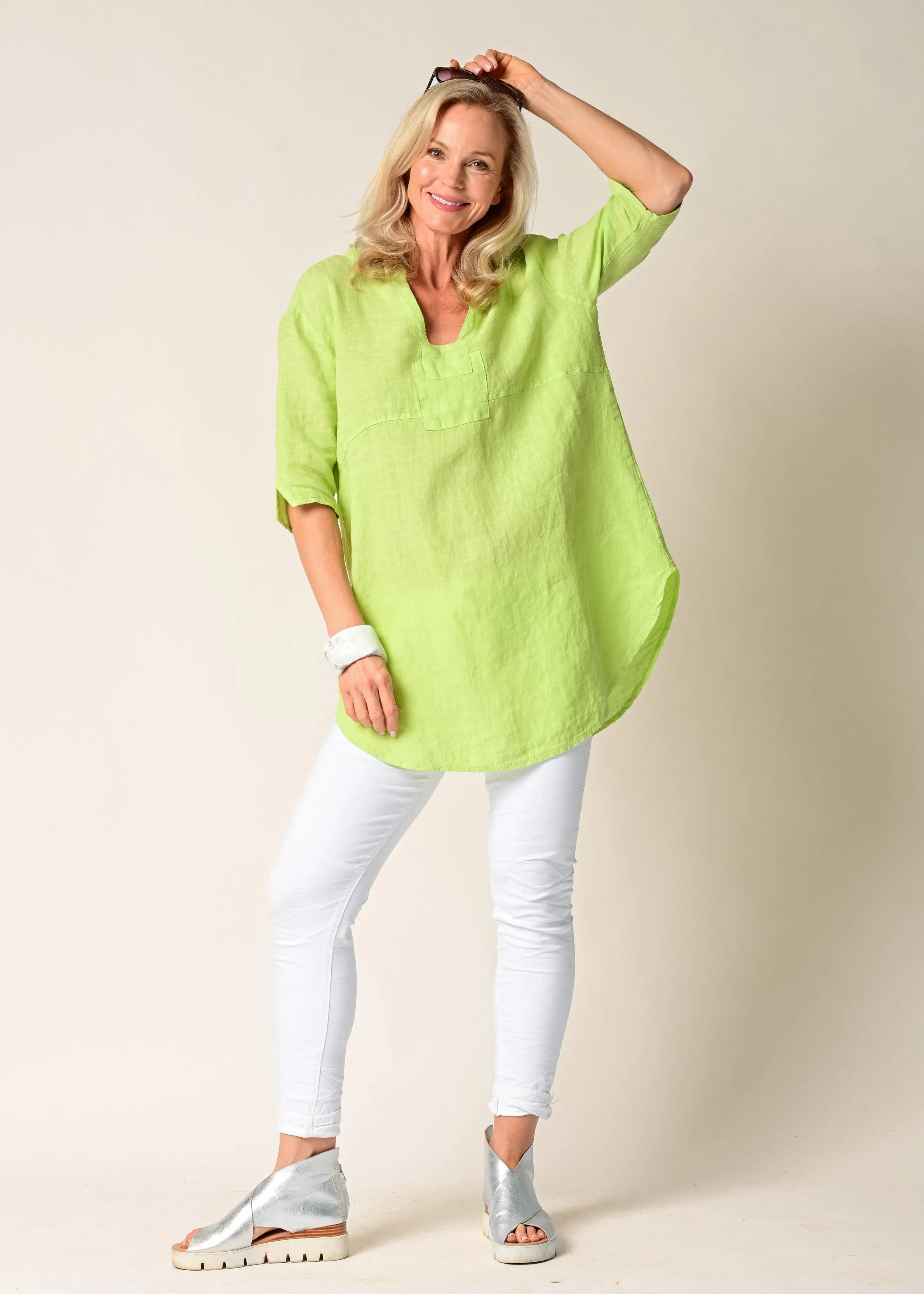 Marigold Linen Top in Lime Splice