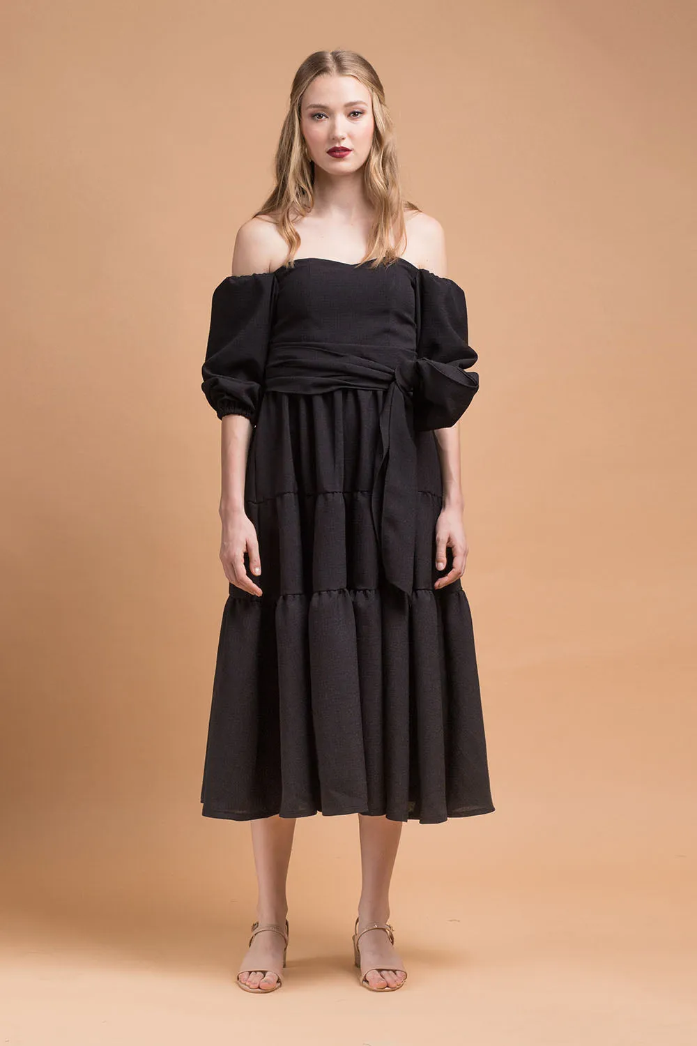 MARQUITA Puff Sleeve Midi Dress with Detachable Tie (Black Linen)