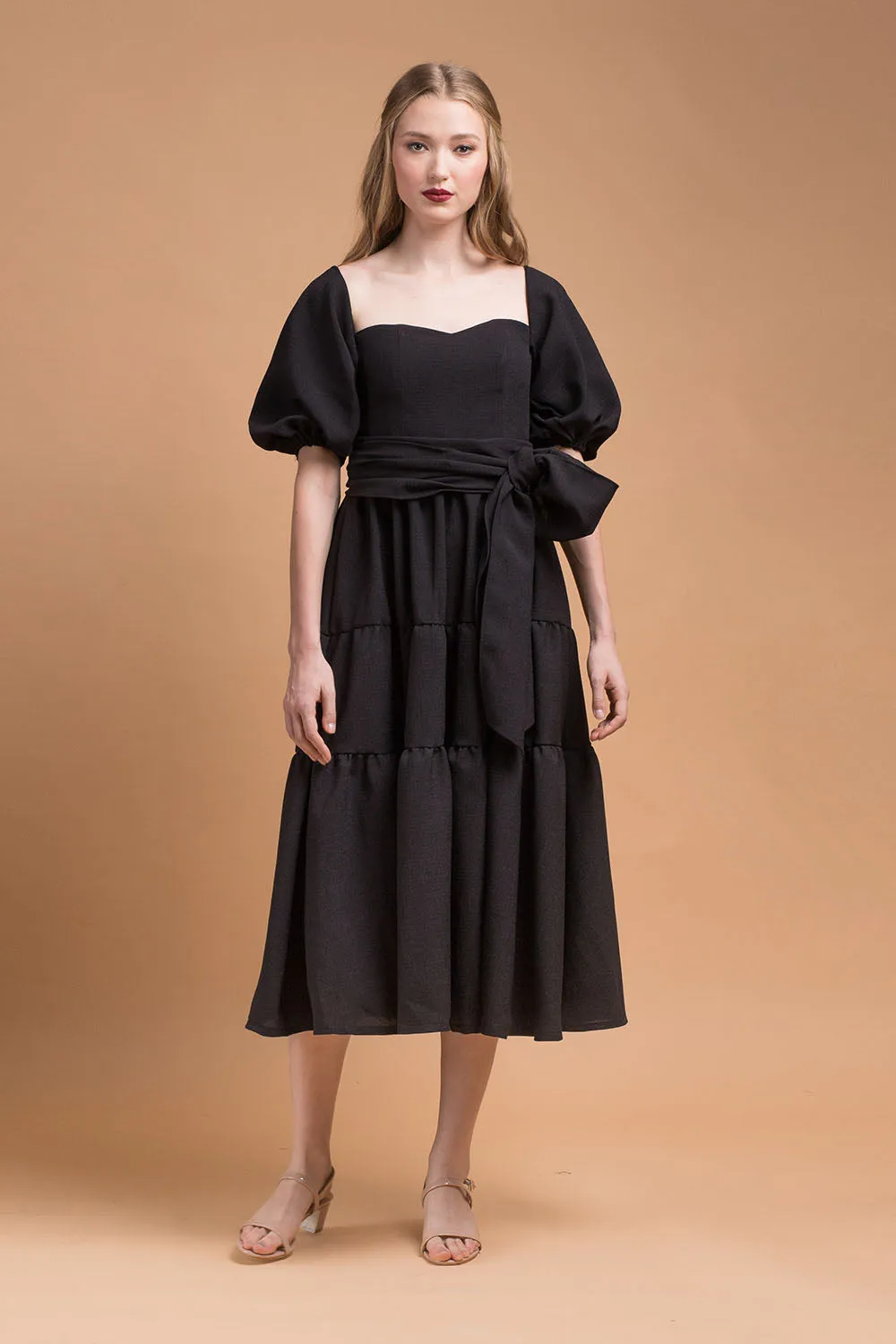 MARQUITA Puff Sleeve Midi Dress with Detachable Tie (Black Linen)