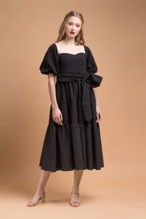 MARQUITA Puff Sleeve Midi Dress with Detachable Tie (Black Linen)