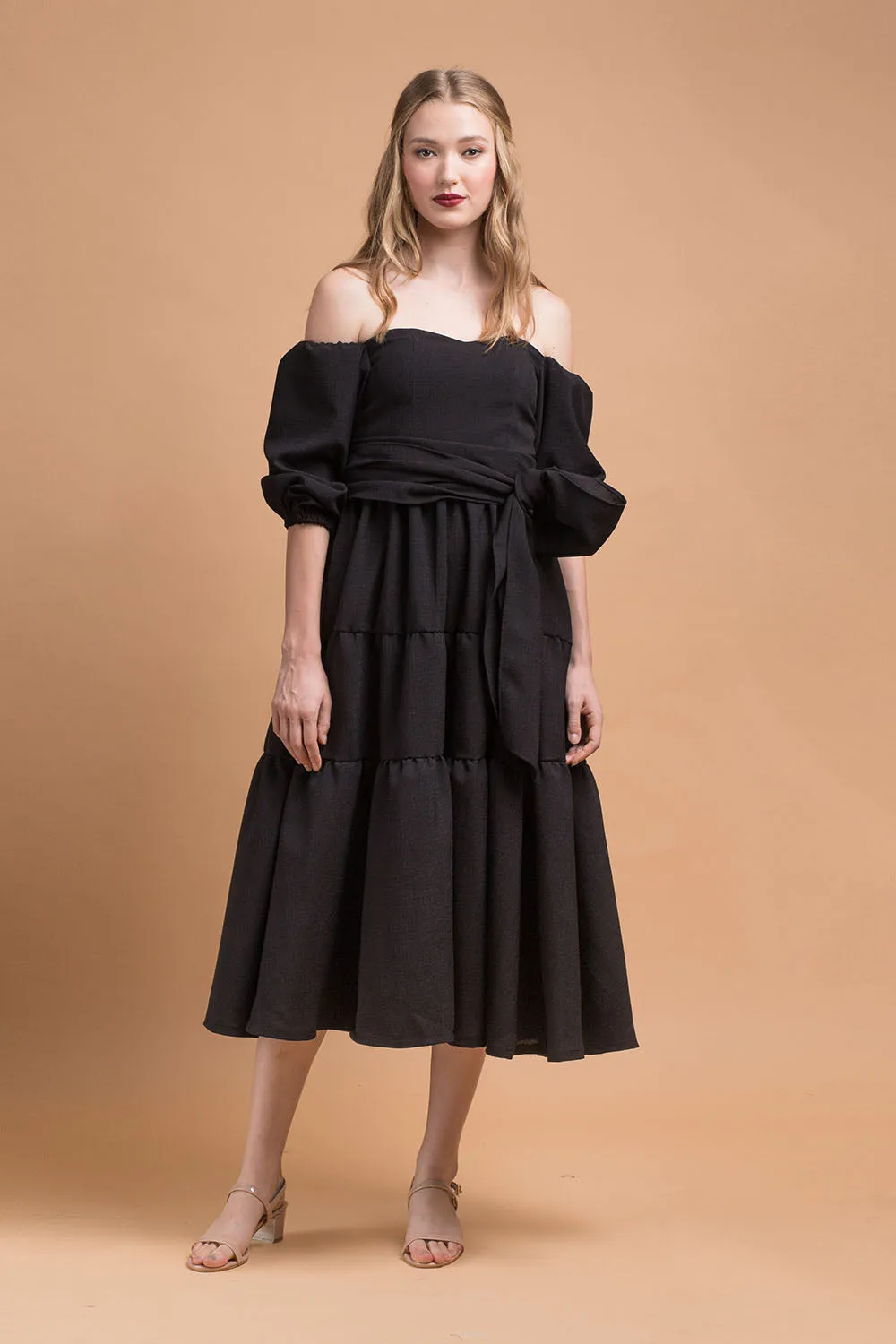 MARQUITA Puff Sleeve Midi Dress with Detachable Tie (Black Linen)
