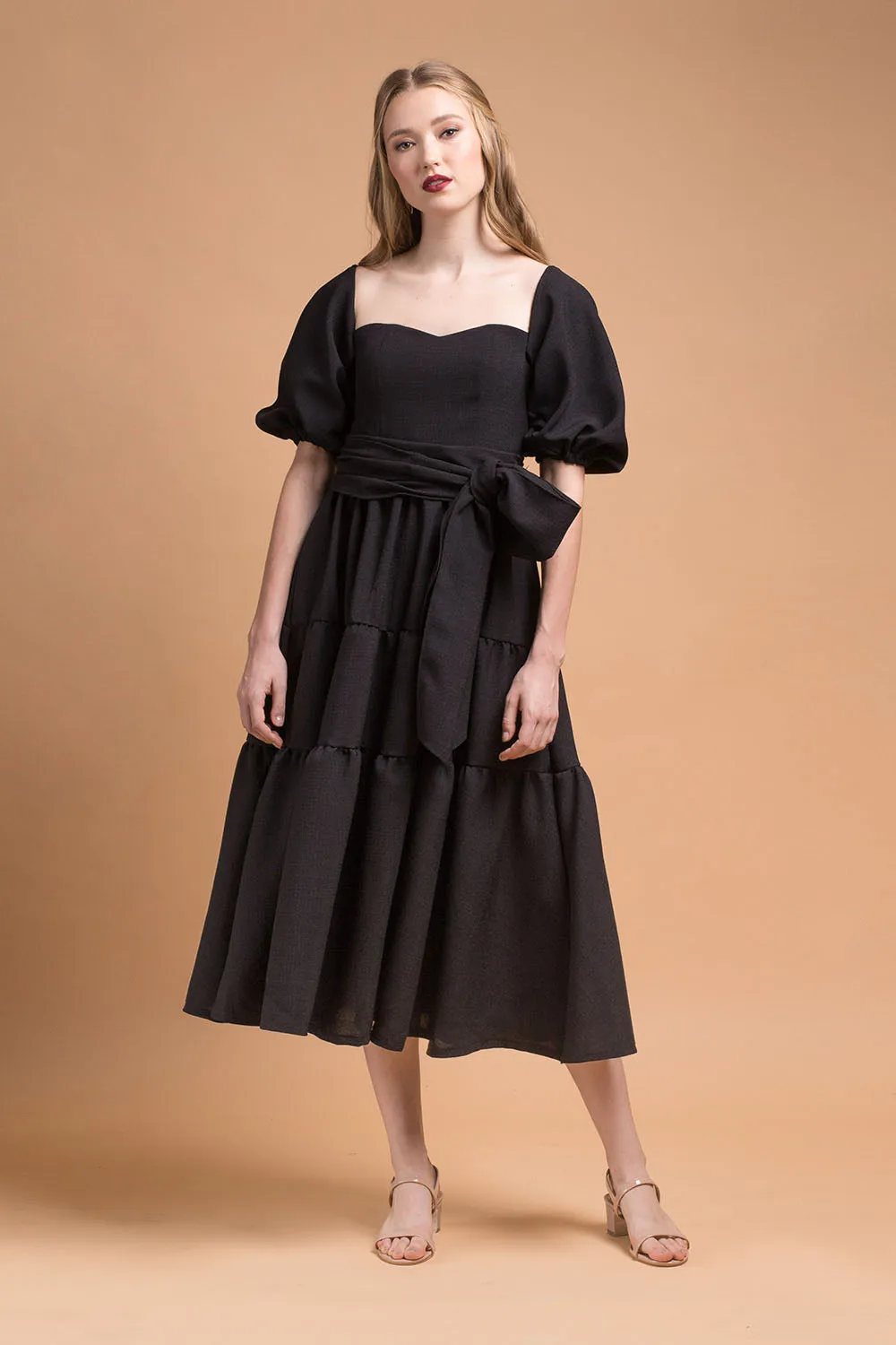 MARQUITA Puff Sleeve Midi Dress with Detachable Tie (Black Linen)