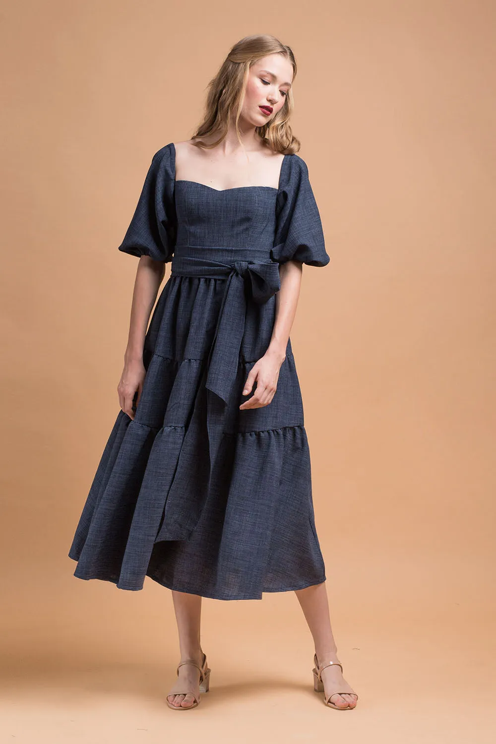 MARQUITA Puff Sleeve Midi Dress with Detachable Tie (Midnight Blue Linen)