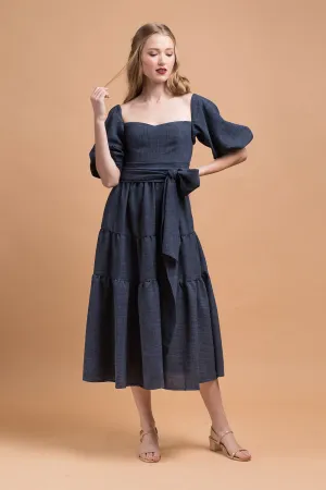 MARQUITA Puff Sleeve Midi Dress with Detachable Tie (Midnight Blue Linen)