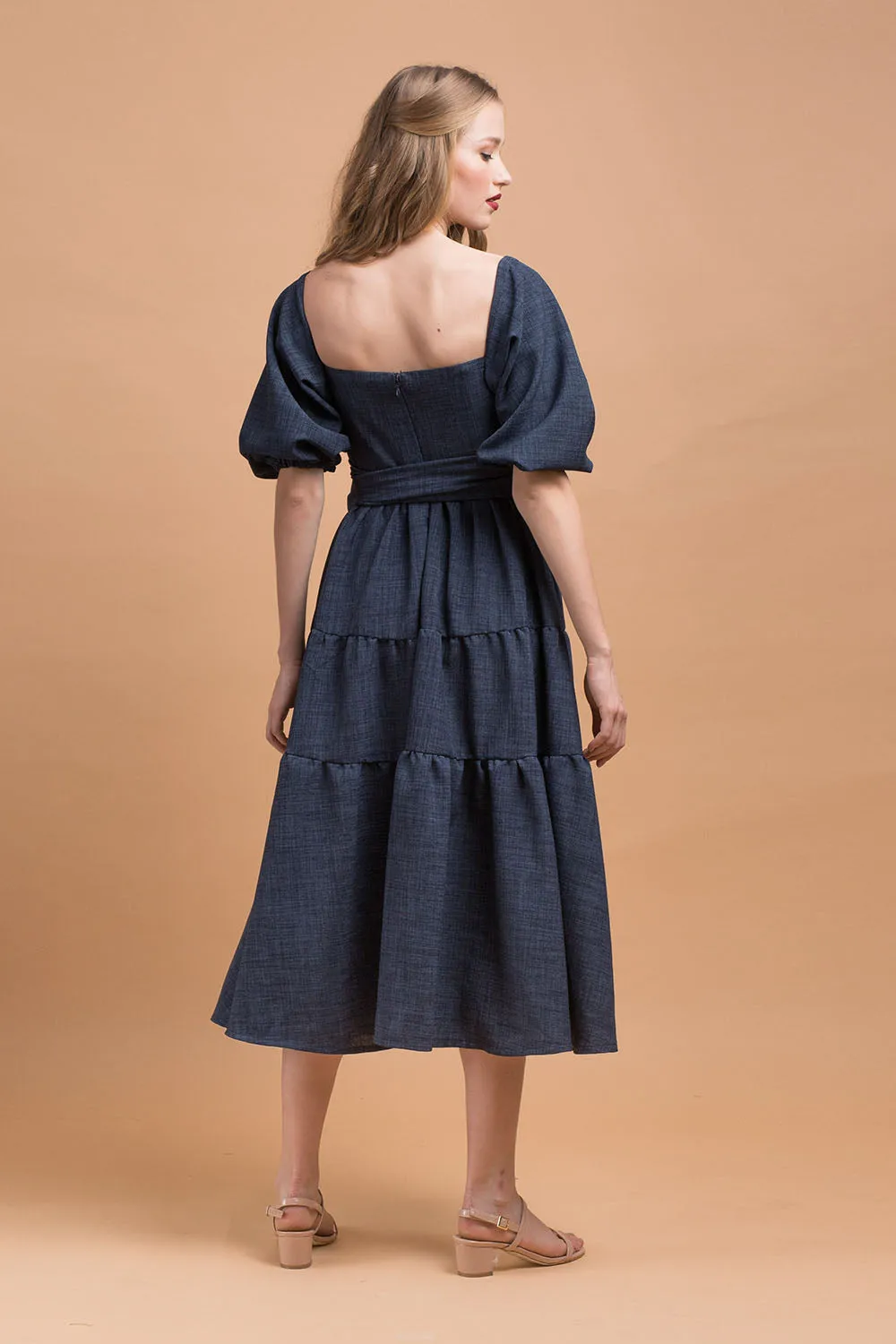 MARQUITA Puff Sleeve Midi Dress with Detachable Tie (Midnight Blue Linen)