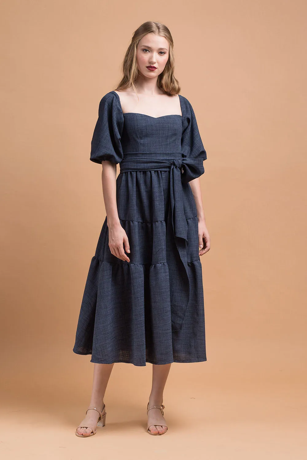 MARQUITA Puff Sleeve Midi Dress with Detachable Tie (Midnight Blue Linen)