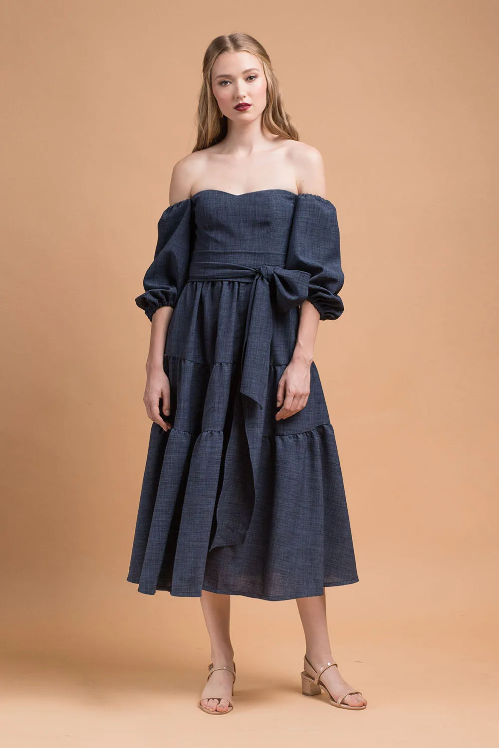 MARQUITA Puff Sleeve Midi Dress with Detachable Tie (Midnight Blue Linen)
