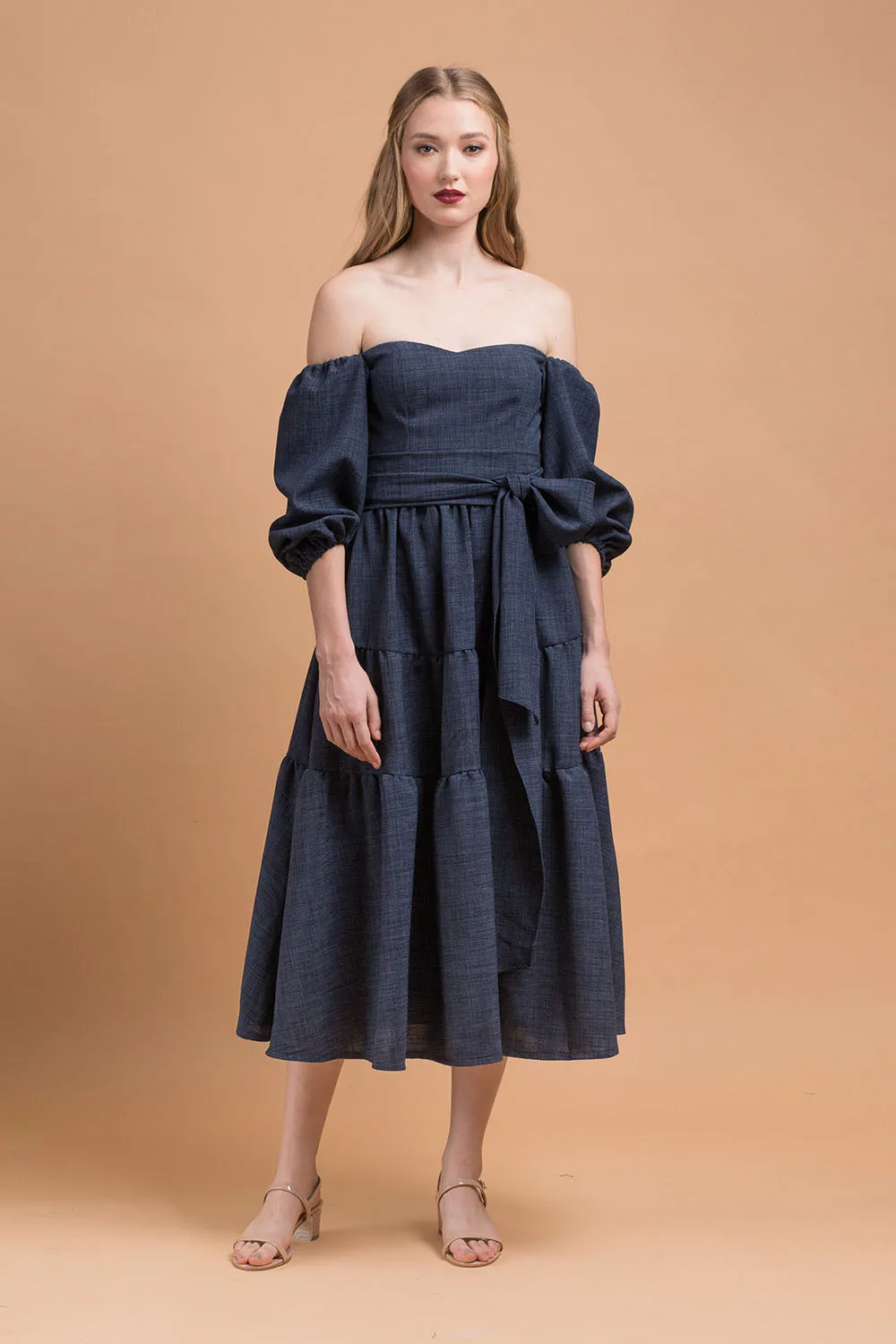 MARQUITA Puff Sleeve Midi Dress with Detachable Tie (Midnight Blue Linen)