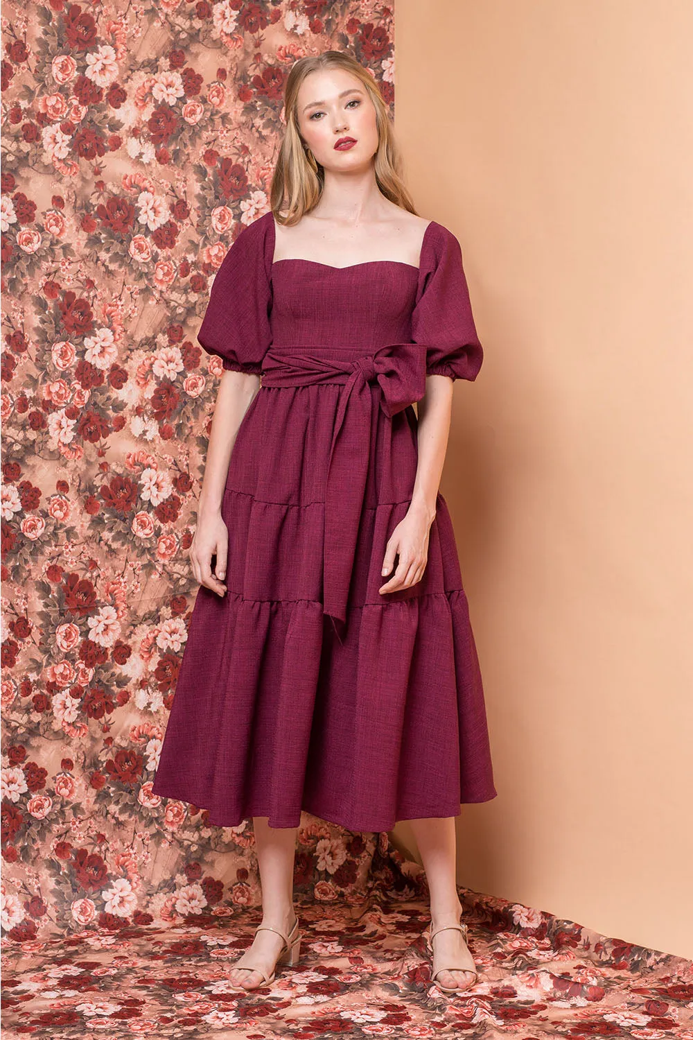 MARQUITA Puff Sleeve Midi Dress with Detachable Tie (Plum Linen)
