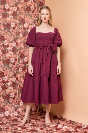 MARQUITA Puff Sleeve Midi Dress with Detachable Tie (Plum Linen)