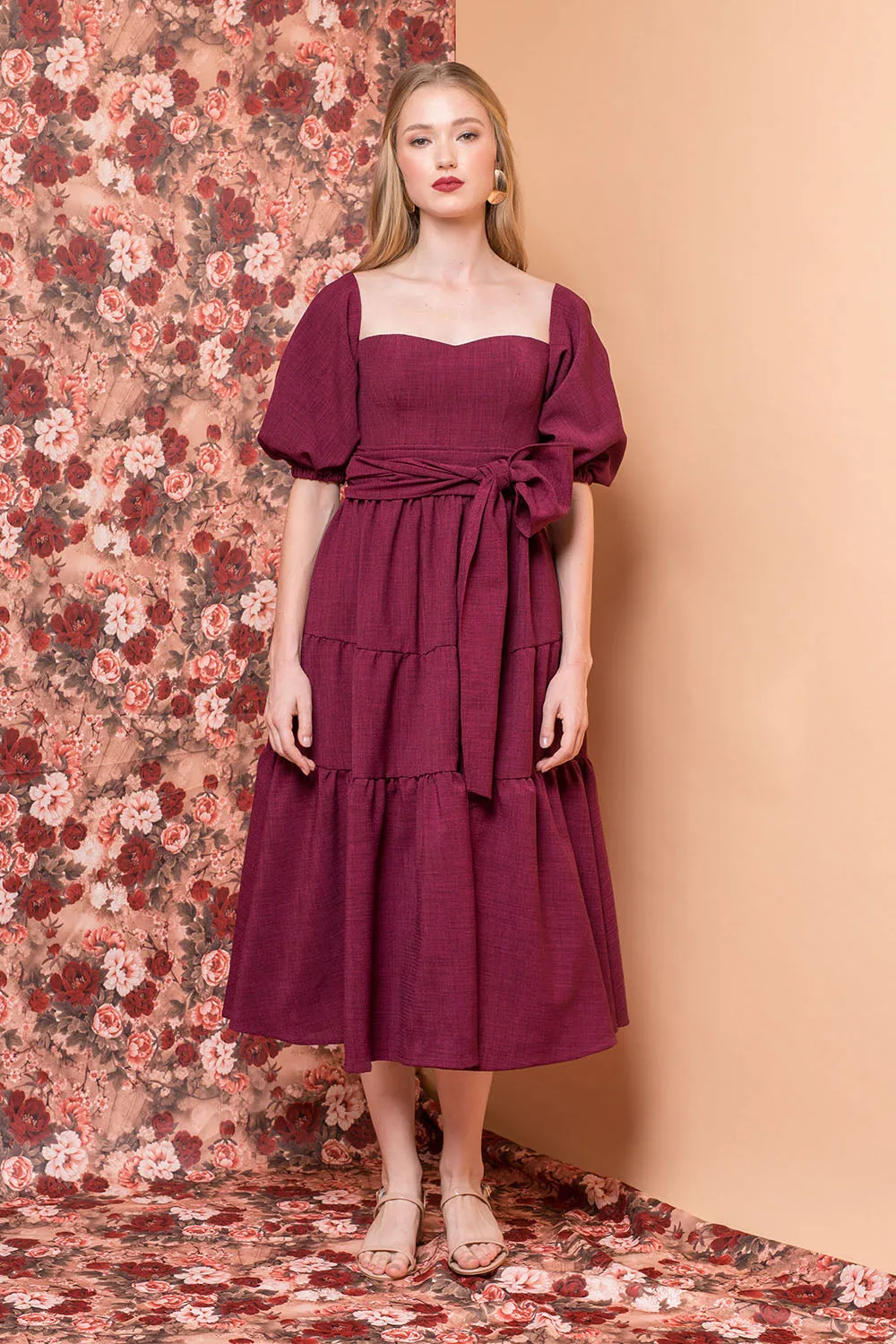 MARQUITA Puff Sleeve Midi Dress with Detachable Tie (Plum Linen)