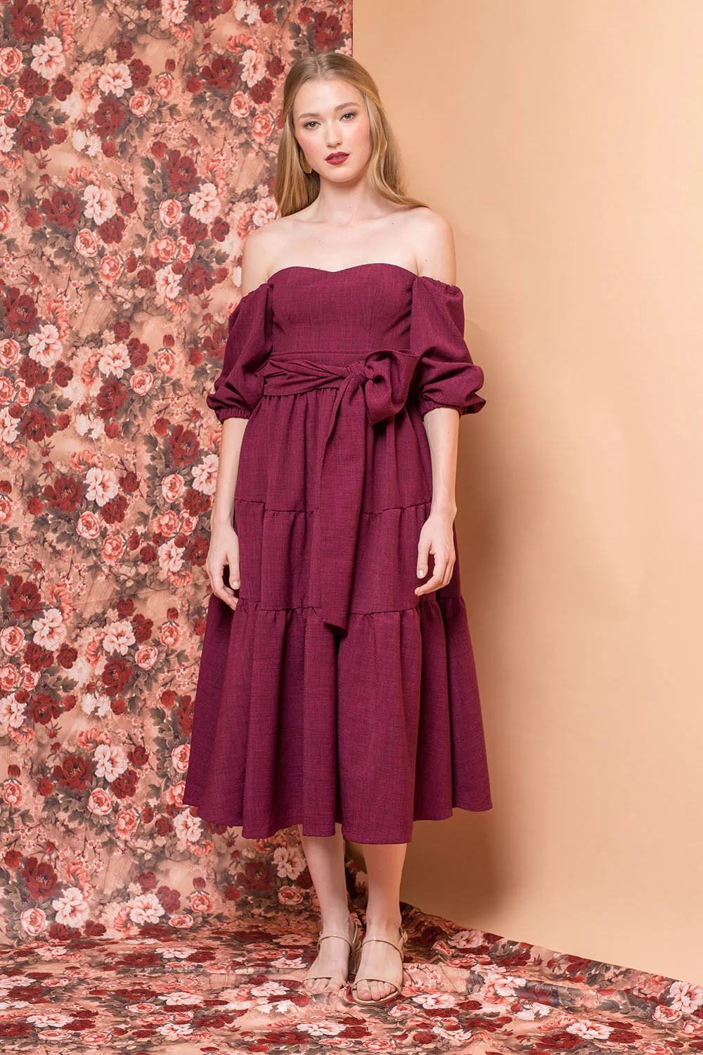 MARQUITA Puff Sleeve Midi Dress with Detachable Tie (Plum Linen)