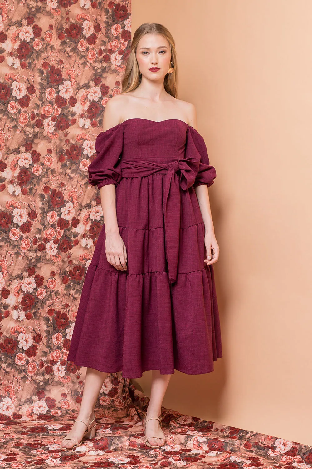 MARQUITA Puff Sleeve Midi Dress with Detachable Tie (Plum Linen)