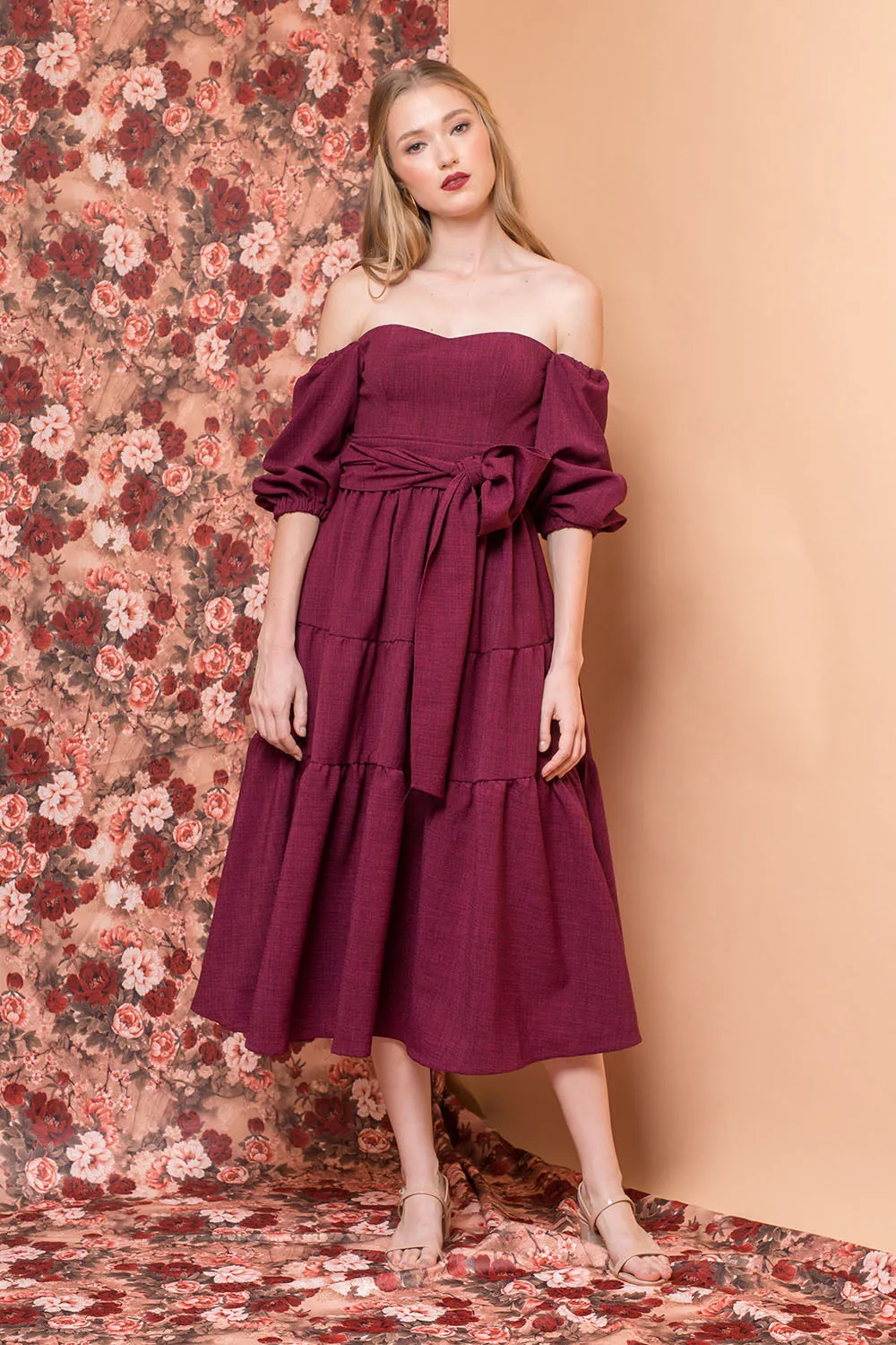 MARQUITA Puff Sleeve Midi Dress with Detachable Tie (Plum Linen)