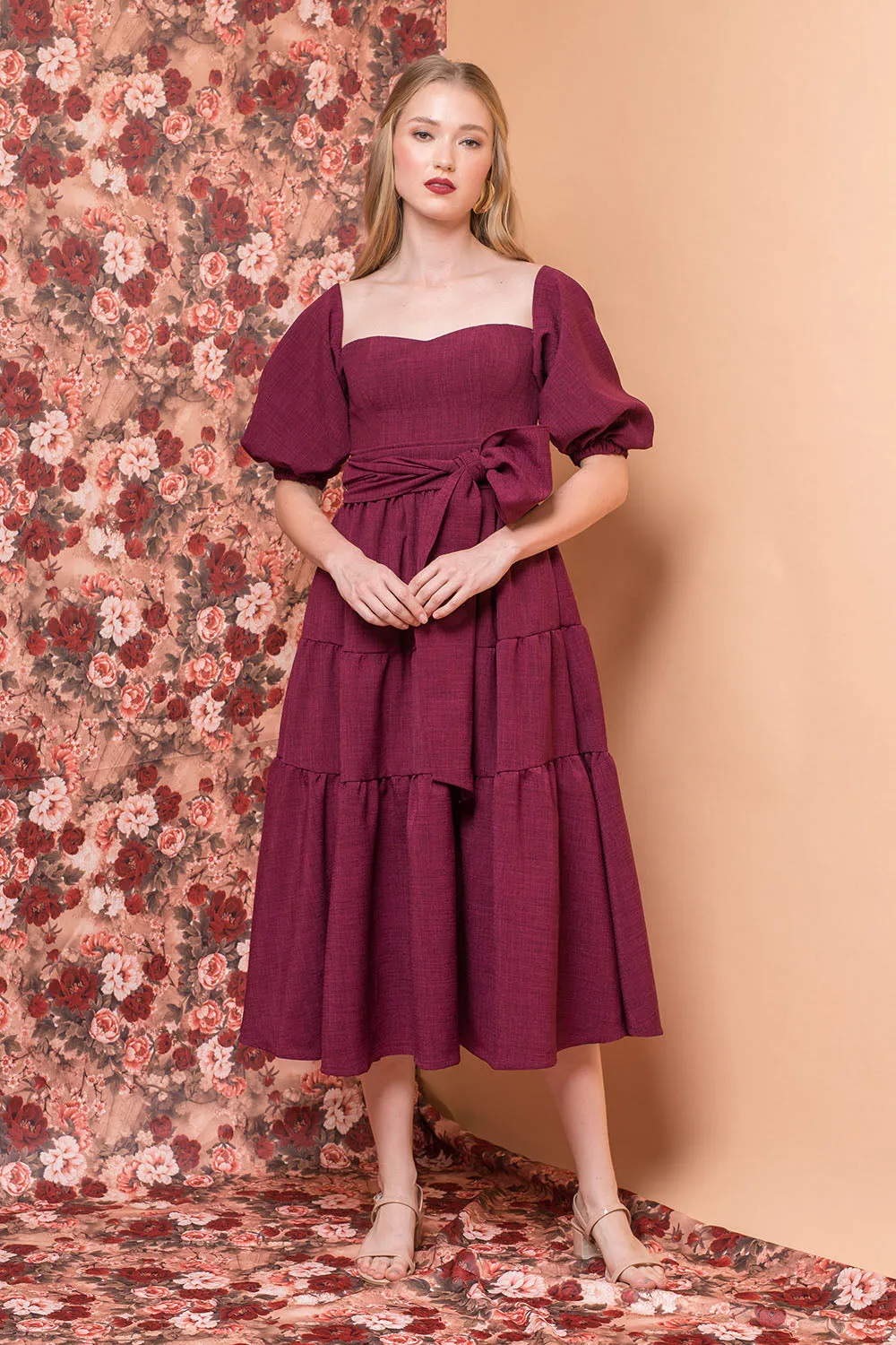 MARQUITA Puff Sleeve Midi Dress with Detachable Tie (Plum Linen)