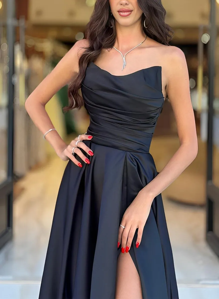 Mell | A Line Black Strapless Satin Prom Dresses With Slit
