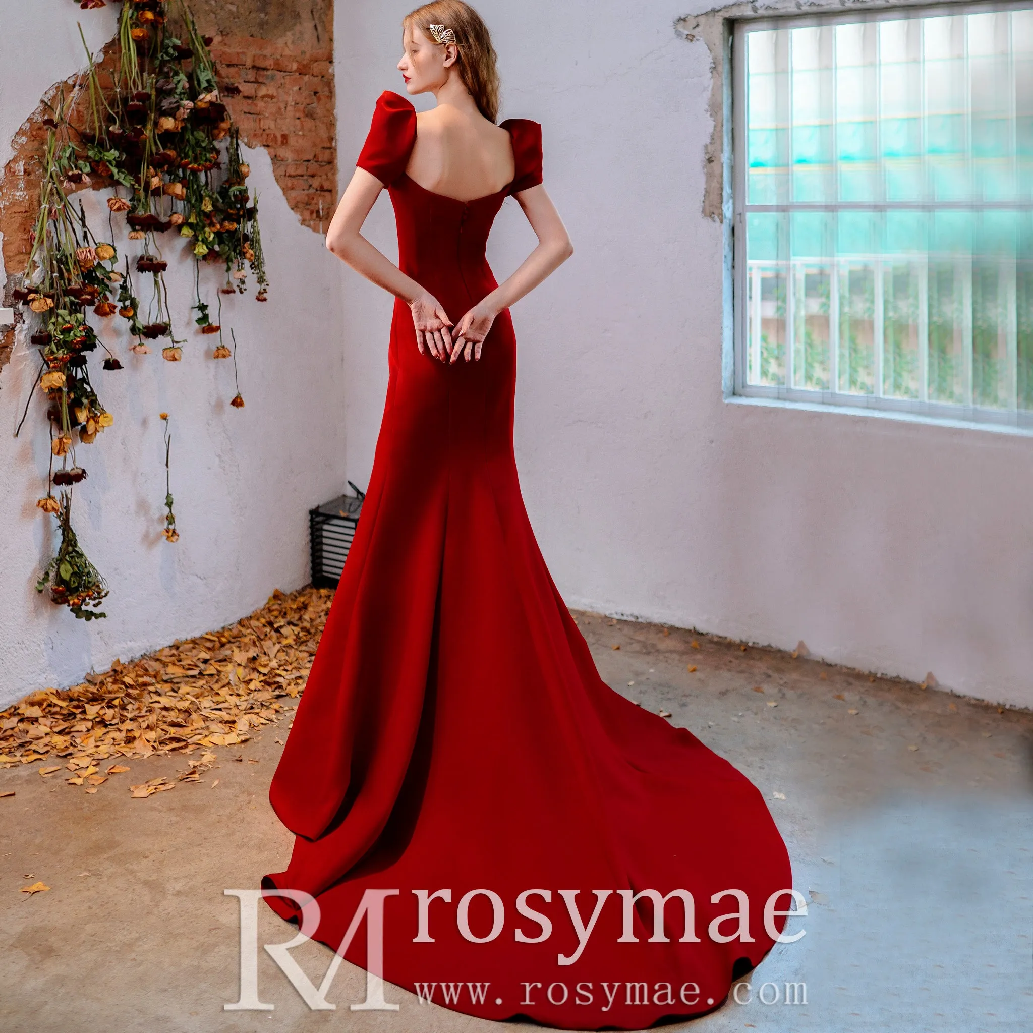 Mermaid Satin Red Bridesmaid Dresses with Puffy Short Sleeves