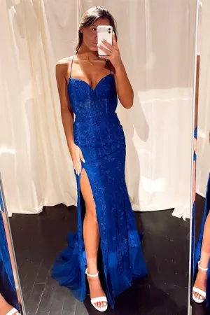 Mermaid Straps Slit Long Prom Dresses with Appliques