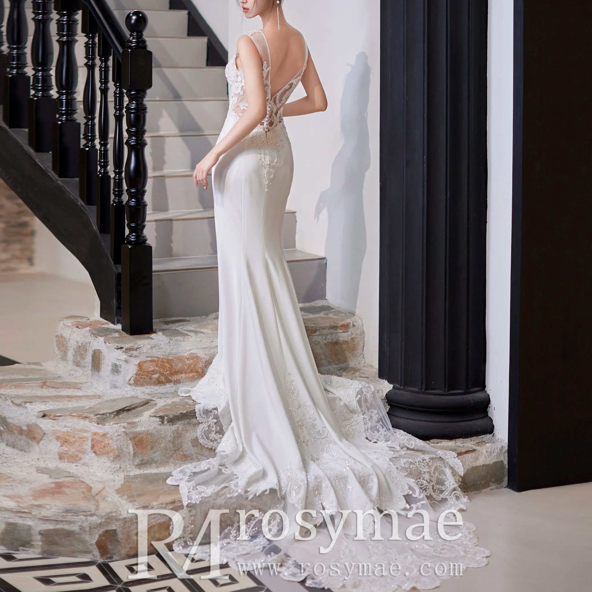 Mermaid Vintage Beaded Lace Wedding Dress with Deep V Neck