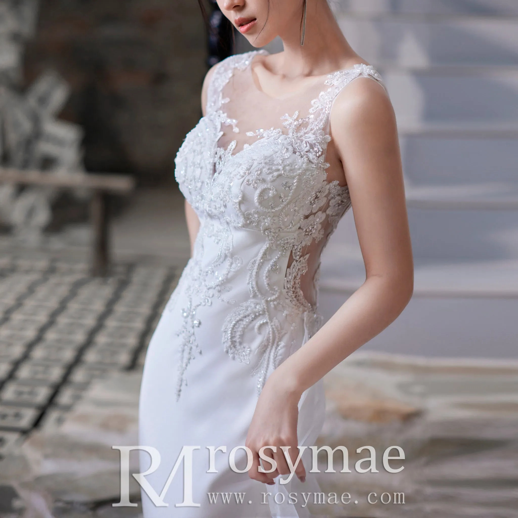 Mermaid Vintage Beaded Lace Wedding Dress with Deep V Neck