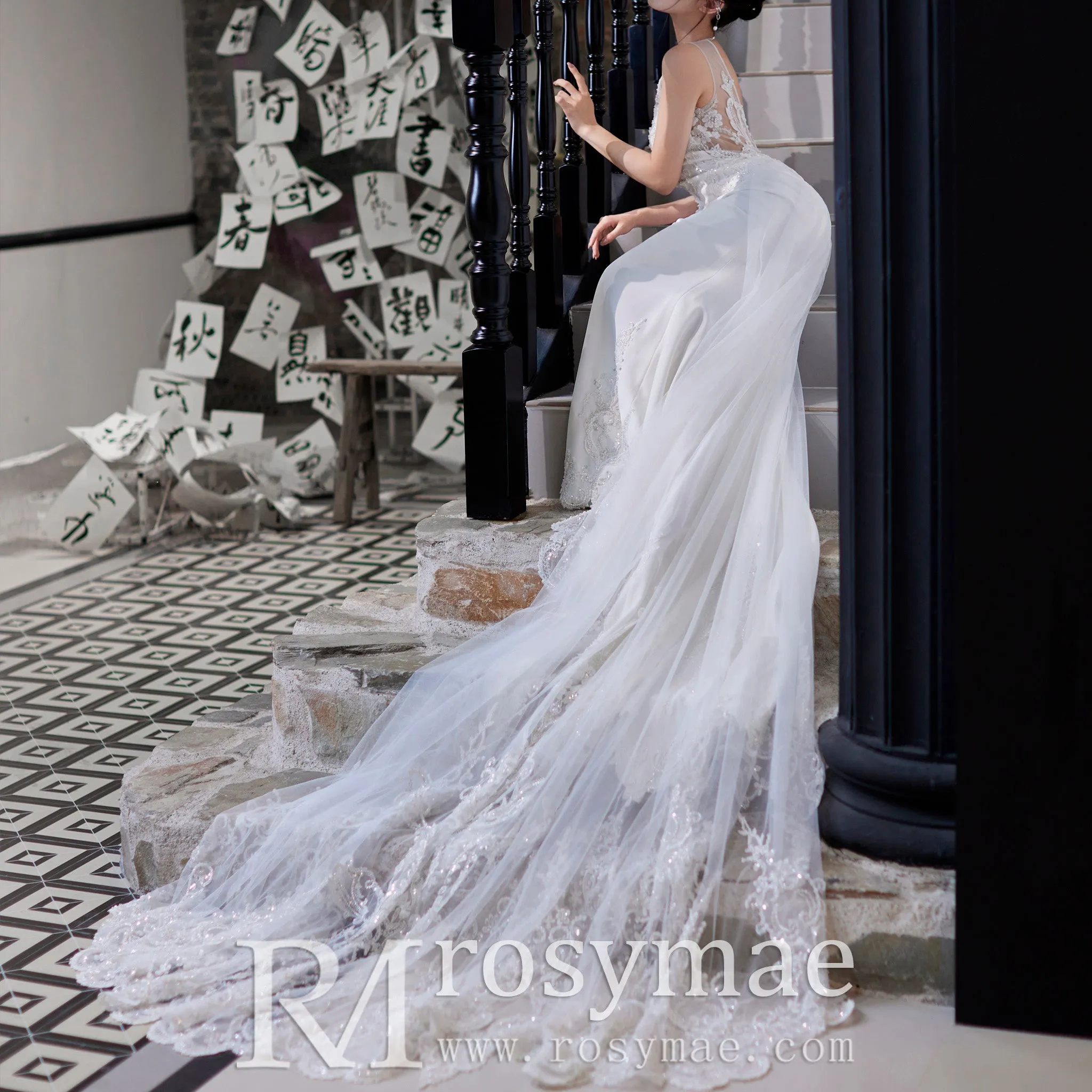 Mermaid Vintage Beaded Lace Wedding Dress with Deep V Neck