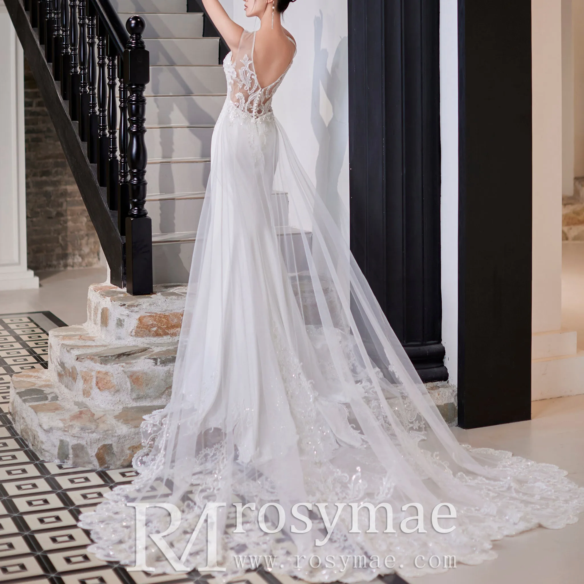 Mermaid Vintage Beaded Lace Wedding Dress with Deep V Neck