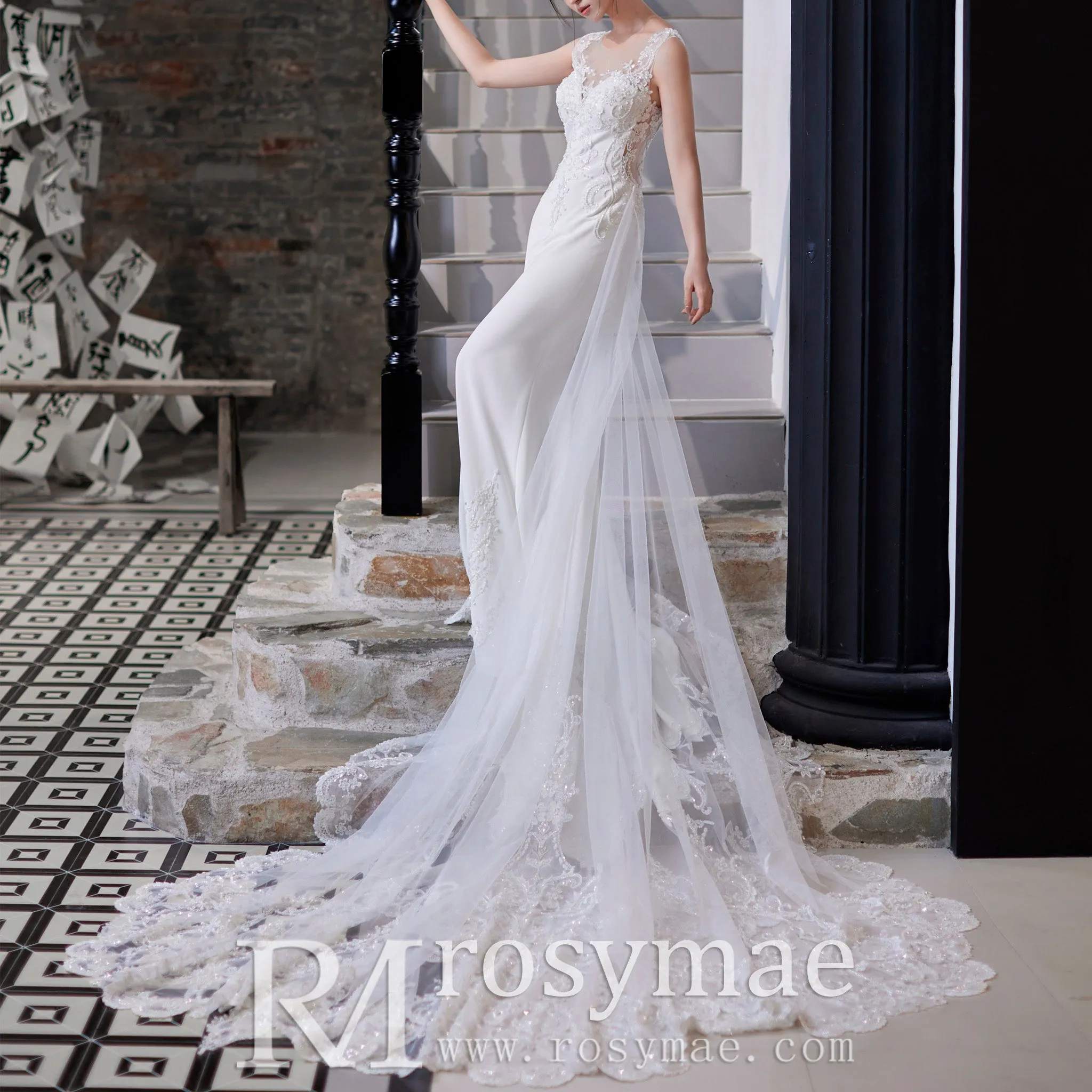 Mermaid Vintage Beaded Lace Wedding Dress with Deep V Neck