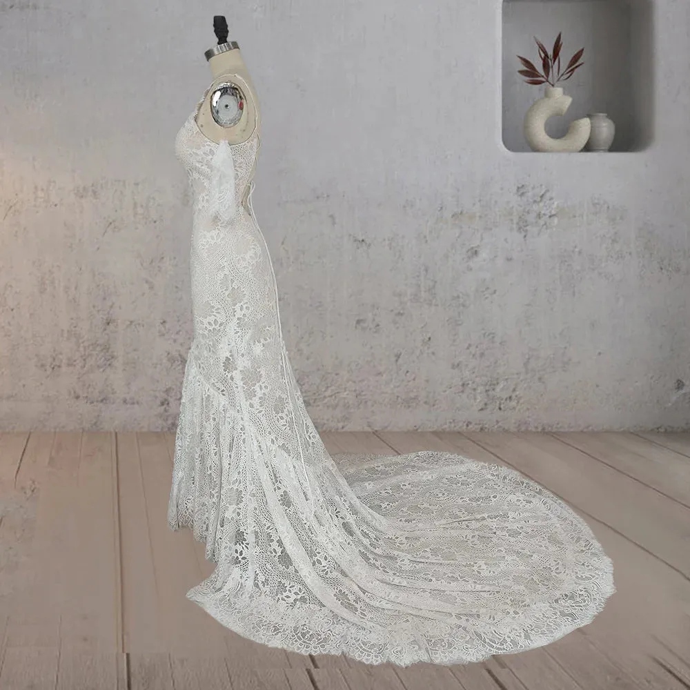 Mermaid White Halter Neck Lace Wedding Dress